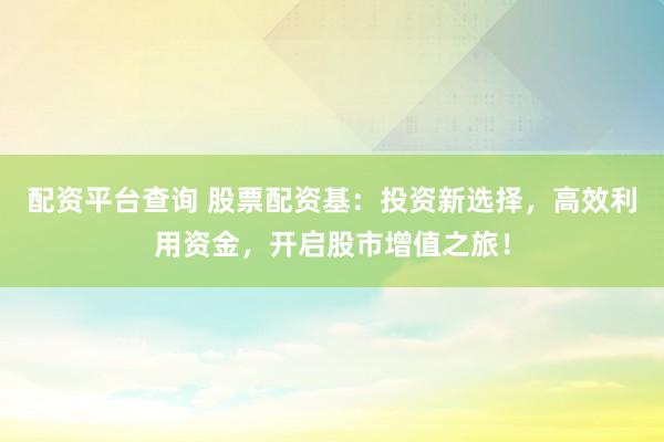 配资平台查询 股票配资基：投资新选择，高效利用资金，开启股市增值之旅！